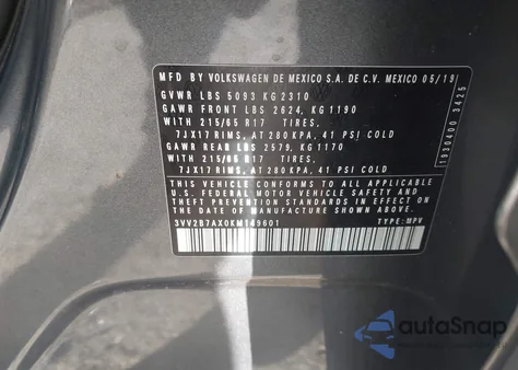 2019 Volkswagen Tiguan 2.0T Se/2.0T Sel/2.0T Sel R-Line/2.0T Sel R-Line Black from USA, damaged, VIN 3VV2B7AX0KM149601